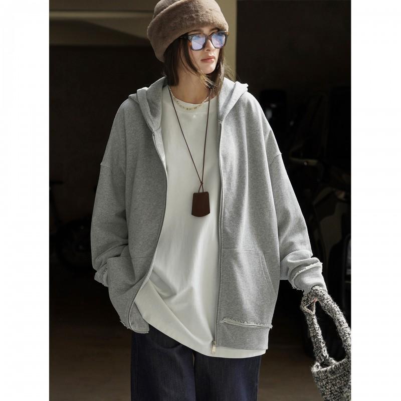 Womens Oversized Hoodie With Raw Edge Detail Streetwear Style Cotton-Linen Blend Loose Fit Long Sleeve Pullover