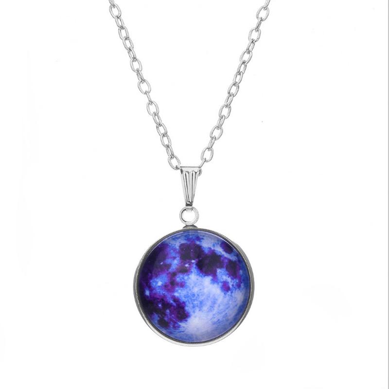Серебряное бронзовое покрытие, модное стеклянное подарочное кабошон, подвеска в виде Луны, цепочка, светится в темноте, ожерелье с планетой галактики, новое звездное небо, унисекс, 1 шт., Вселенная