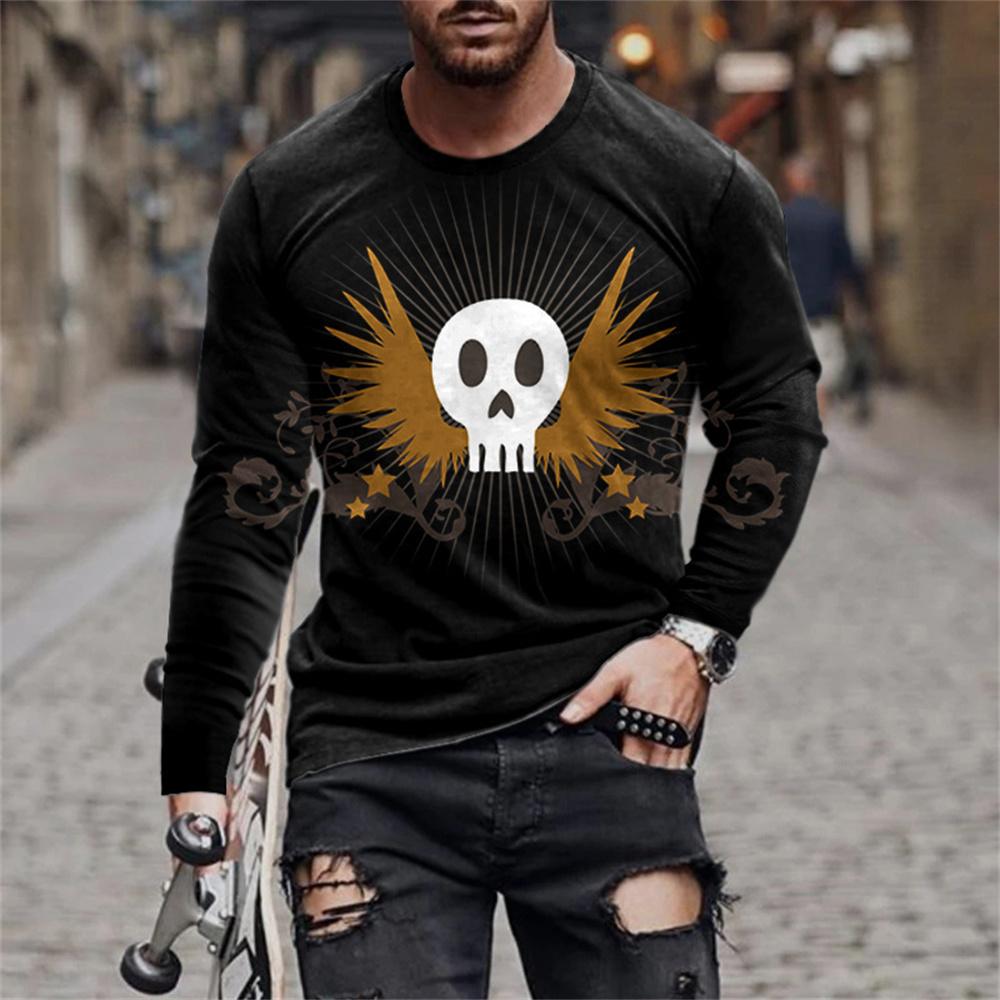Horror Skull Head Print Graphic T Shirts Fashion New Men's Long Sleeve Round Neck T-shirt Retro Streetwear Y2k Tops