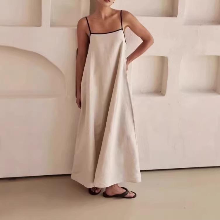A-shaped pendulum silhouette minimalist holiday skirt, solid color loose suspender cotton and linen long dress