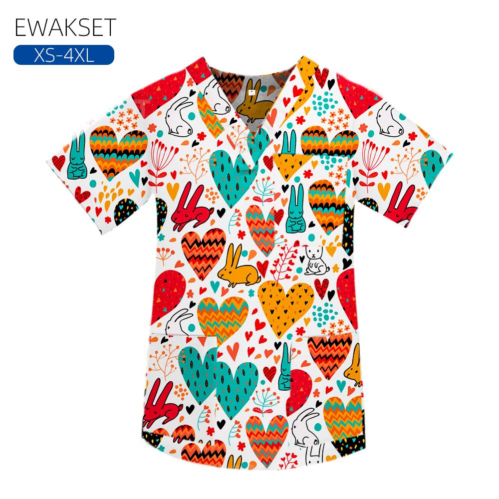 Узор пасхальных кроликов, медицинская униформа из 100% хлопка, медицинская блузка для медсестры, врача, футболка с V-образным вырезом и коротким рукавом, женская, мужская, хирургическая, топы