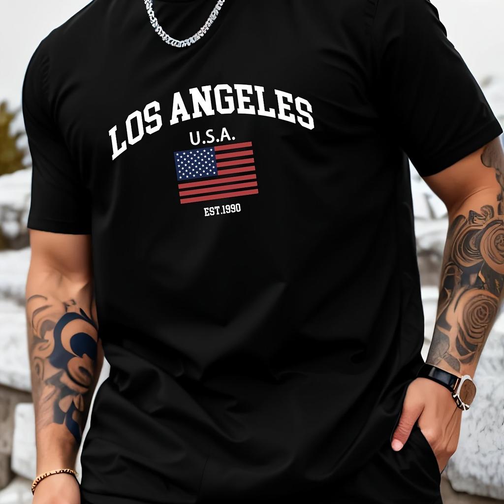 Summer Men's Round-neck American Los Angeles Flag Casual T-shirt, 100% Pure Cotton Casual Breathable Short-sleeved Top