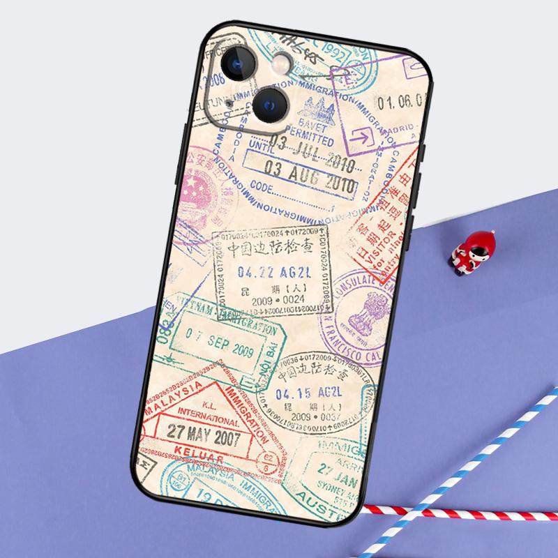 Retro Post Card Passport Stamps Phone Case For iPhone 16 Pro 15 Pro 11 12 13 14 Pro Max Mini XR 16e 15 16 Plus Cover Shell