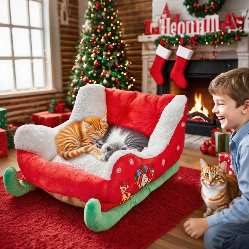 Christmas Decorations Sled Shaped Dog Bed Santa Pets Bed Festive Plush Cozy Cat Nest Christmas Themed Pet Doggy Sleeping Bed