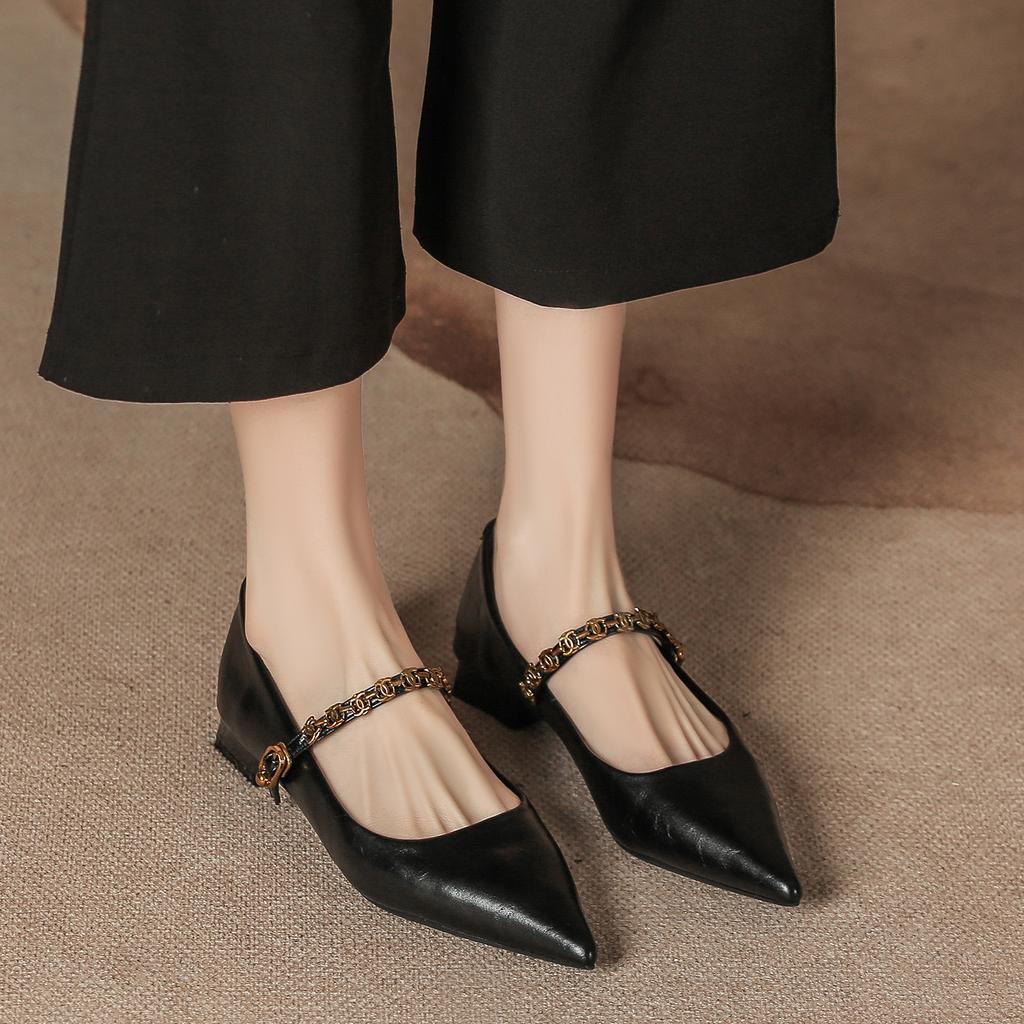 Одно слово с металлическим ремнем туфли Мэри Джейн женские остроносые на низком каблуке легкие повседневные туфли черные универсальные нишевые темпераментные туфли