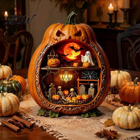 Halloween Cobweb Decorations Centerpiece Pumpkin, Wooden Pumpkin Ornament with Miniature Scenes, Rustic Detailed Scene Decor Skeleton for Farmhouse