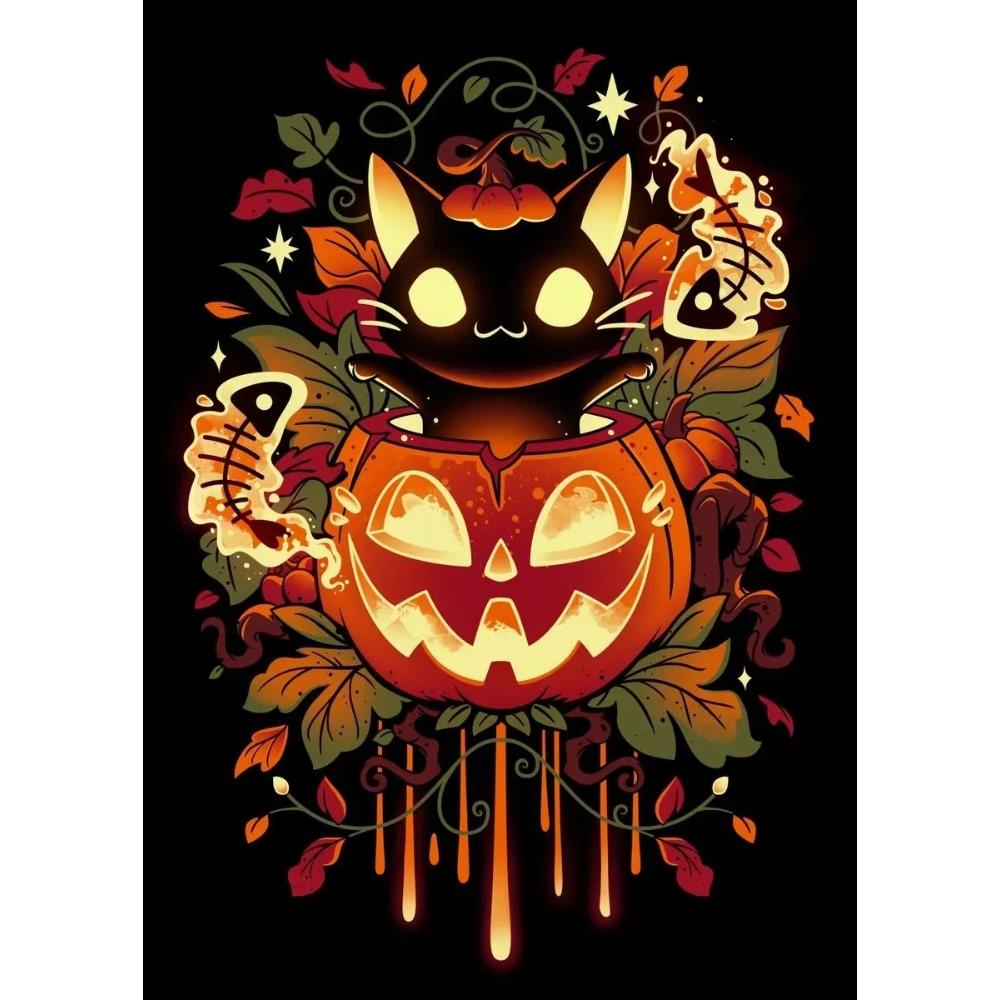 A Classic Vintage Wall Art Pumpkin Black Cat Ghost Painter Halloween Night, Printed Poster, Home Living Room Bedroom Decoration