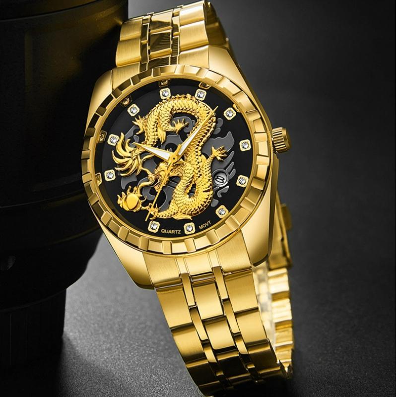 WLISTH Мужские часы с тисненым золотым драконом, водонепроницаемые, инкрустированные бриллиантами, мужские, модные, для среднего и пожилого возраста, часы
