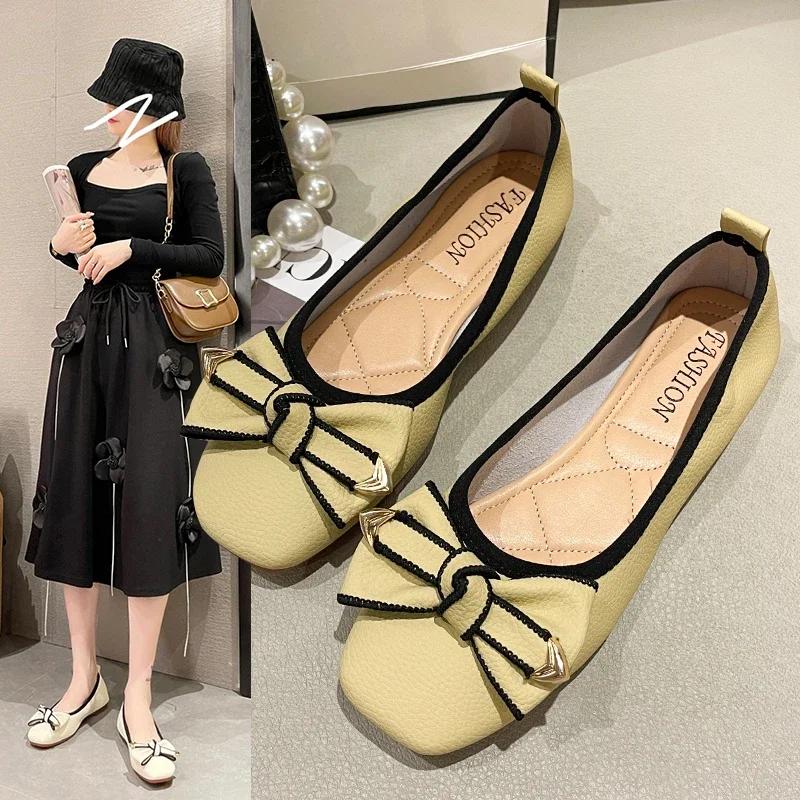 Большие размеры 43, женские удобные топсайдеры на плоской подошве, туфли без шнуровки с квадратным носком, обувь для девочек с бантом, офисная женская обувь