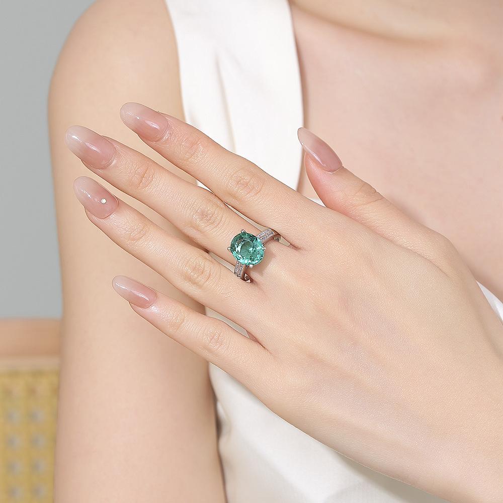 Double Row Zircon 925 Sterling Silver Ring Blue-green Zircon Elegant Simple Fashion Women's Ring