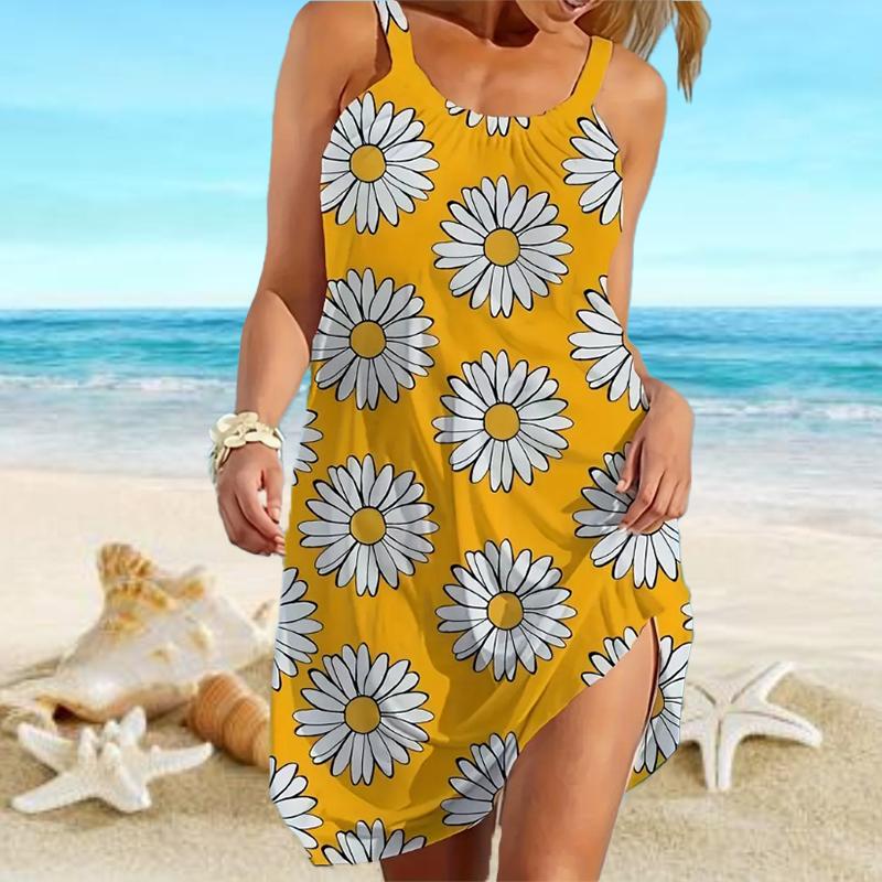 Пляжная одежда Мини-платье с принтом на бретельках с принтом хризантемы Юбка Повседневное современное платье без рукавов Свободный крой Повседневное летнее платье для улицы
