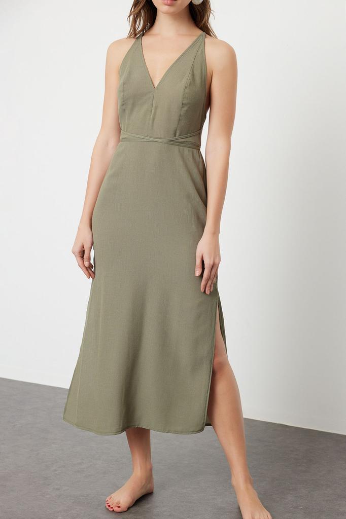 Женское стильное платье Черное тканое пляжное платье миди с открытой спиной