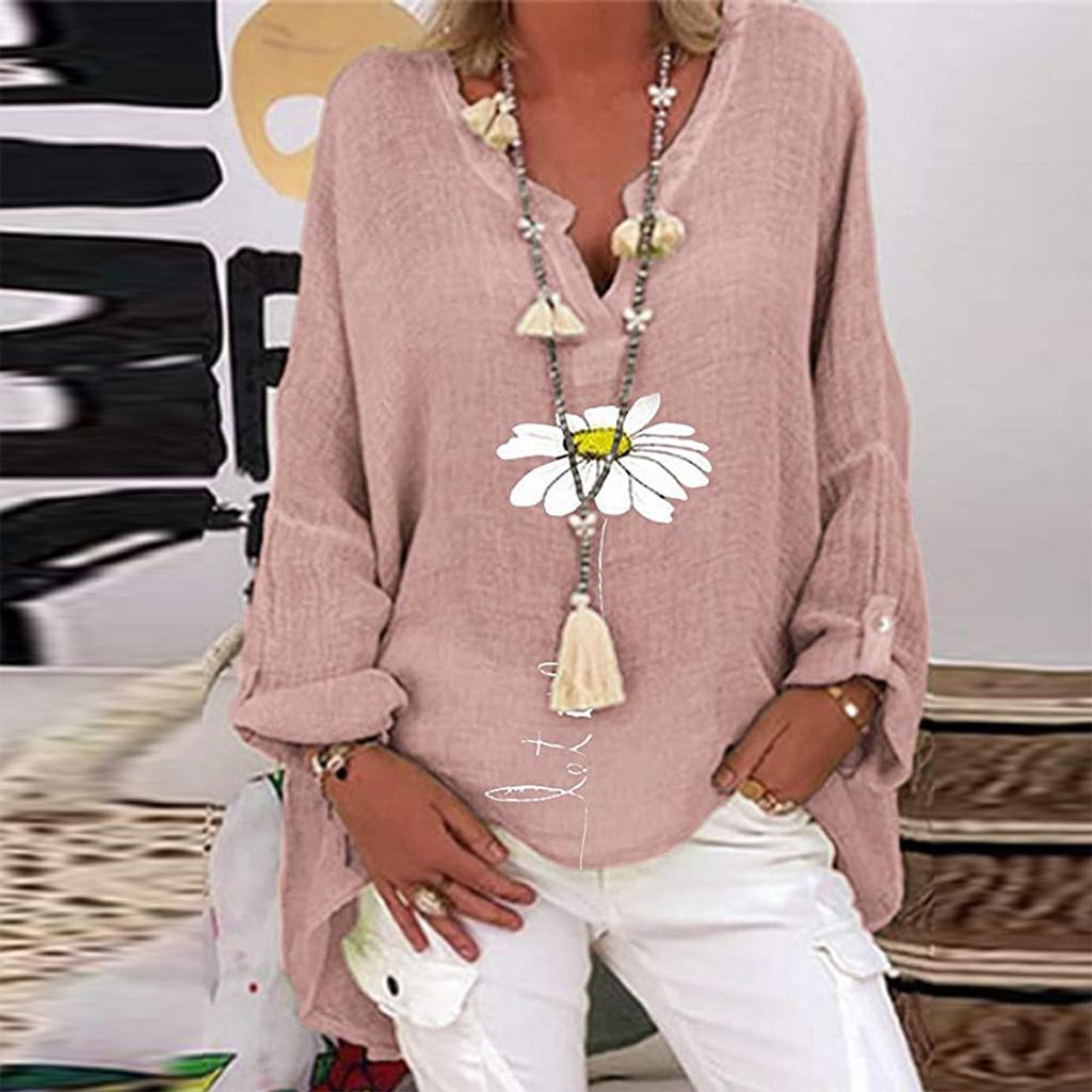 Women's Imitation Cotton Print Casual V-Neck Large Size Print Shirt Tops