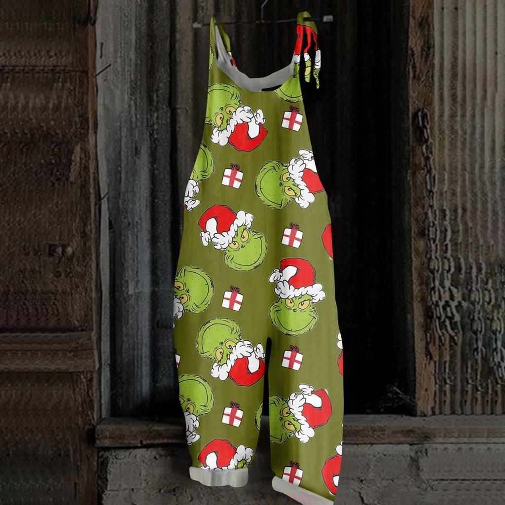 Женский повседневный свободный комбинезон с рождественским принтом, комбинезон с широкими штанинами, без рукавов, с карманами