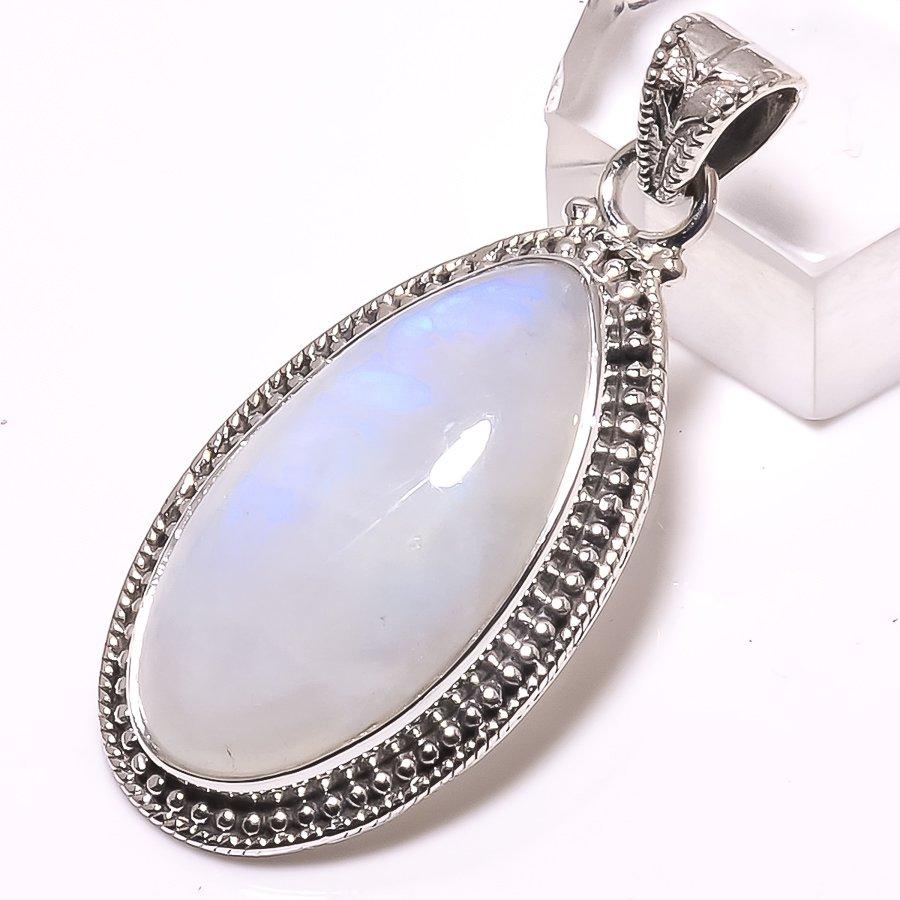 Natural Rainbow Moonstone Gemstone 925 Solid Sterling Silver Pendant 1.65" J2k48