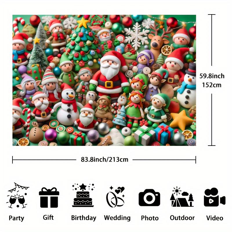 A charming Christmas polyester background cloth featuring Santa Claus, snowmen and elves - the perfect party decoration
