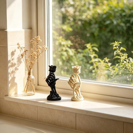 Rose Skeleton Hand Sculpture, 3D Printed Gothic Design Artistic Desktop Decoration, Unique PLA Ornament for Graduates Day Home Decor