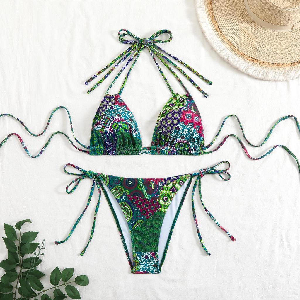 2025 European & American Women's Print Sexy Backless Double Tie Bikini Swimsuit