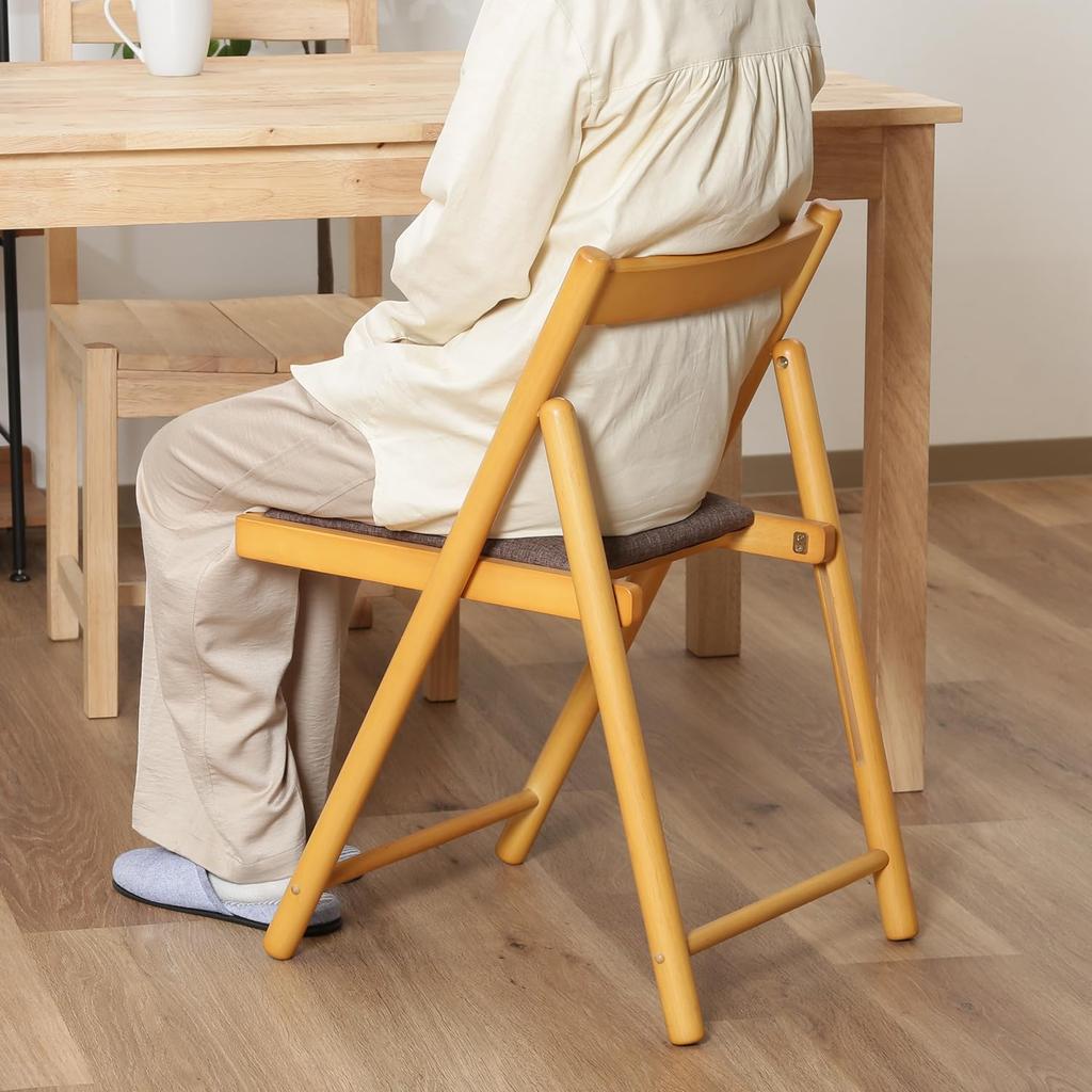 Fuji Boeki Folding Chair with Seat Cushion, Natural Wood, Lightweight, Fully Assembled, 43cm Wide X 53cm Deep X 70cm High, Natural Milan, 10881