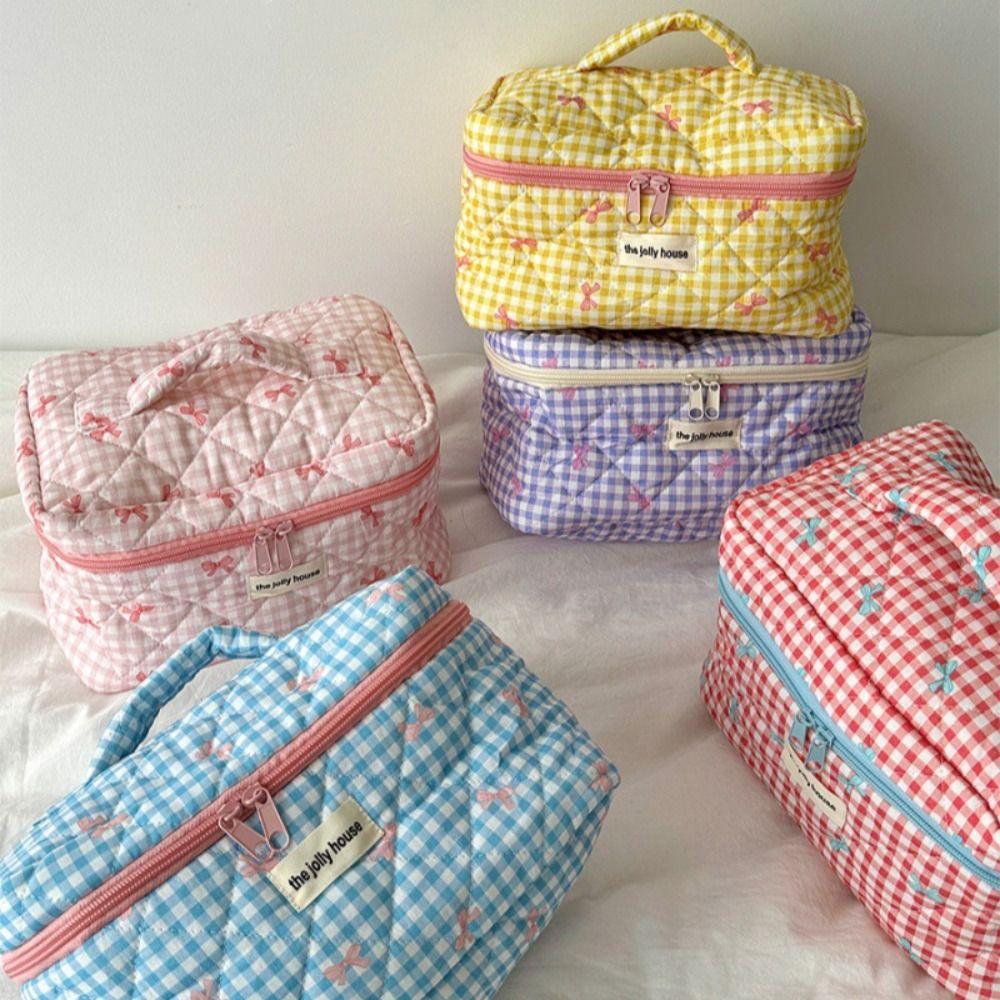 Korean Style Lattice Cosmetic Bag Large Capacity Portable Makeup Bag Sweet Cute Storage Bag Girls