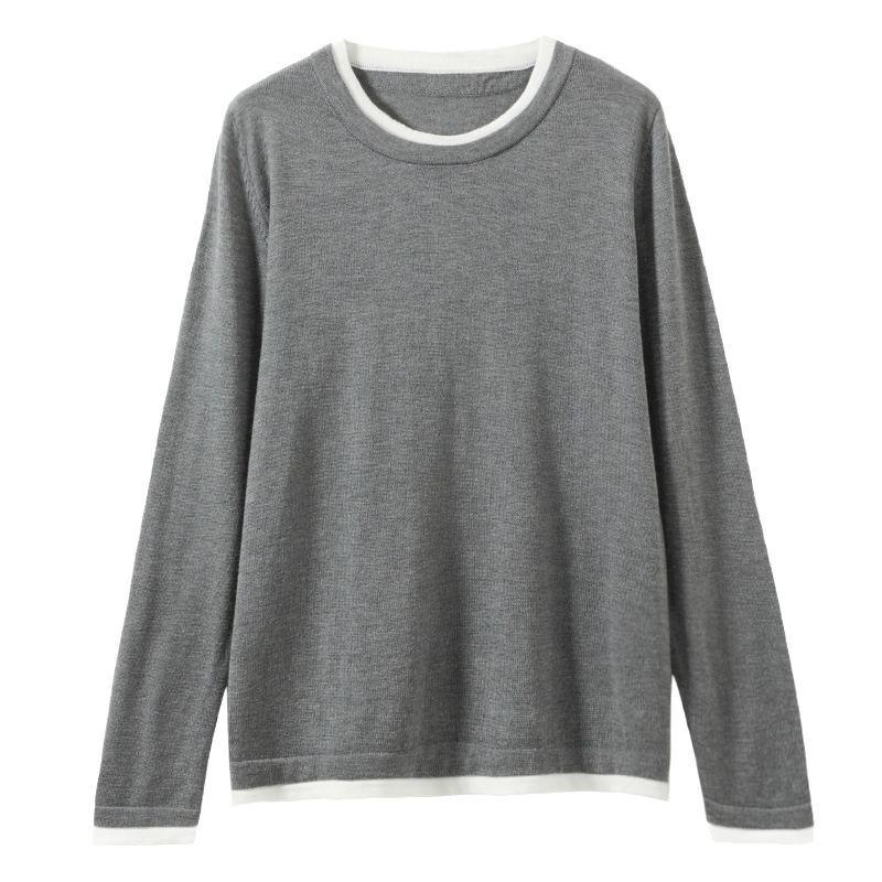 Color-blocking Round Neck Base Shirt for Women Loose Long-sleeved Spring New Worsted Wool Fake Two-piece Knitted Sweater