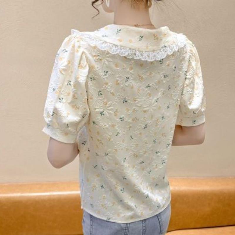 Летние женские топы с короткими рукавами и цветочным принтом, дизайнерские нишевые рубашки с короткими рукавами и милым кукольным воротником