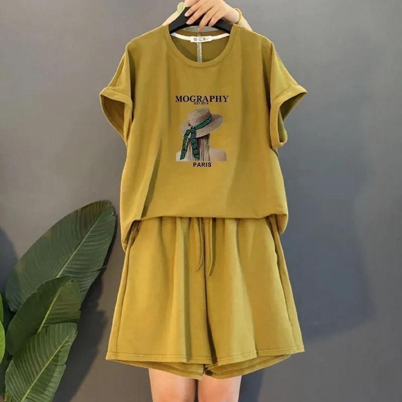 Костюм женский большого размера хлопковая футболка с капюшоном брюки из двух частей удобный топ с короткими рукавами и длинные брюки костюм из 2 предметов