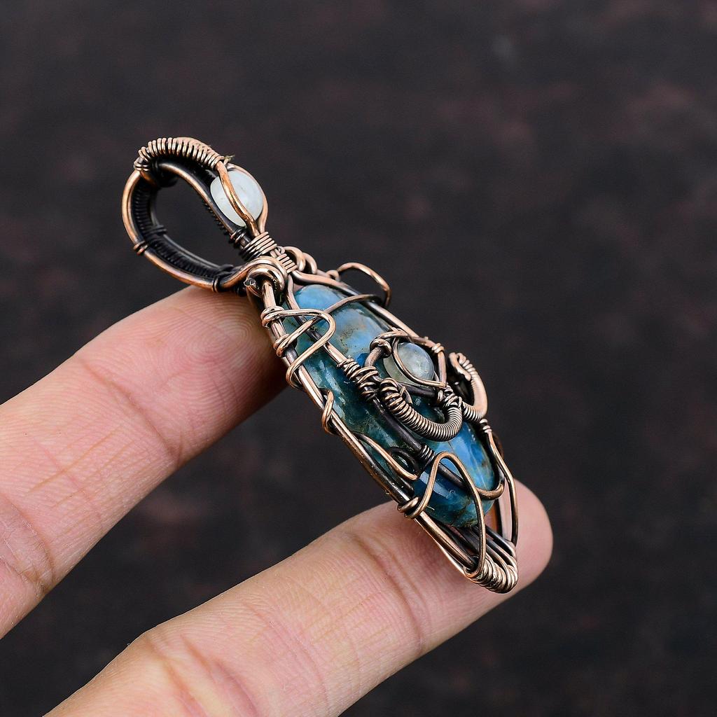 Дурной глаз Неоновый апатит Кулон Медная проволока Кулон Ювелирные изделия ручной работы Радужный кулон с лунным камнем Медные украшения Кулон из натурального драгоценного камня