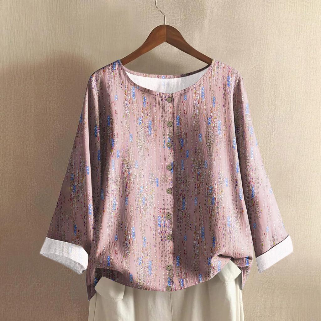 Женский повседневный топ с длинным рукавом и круглым вырезом, из хлопка и льна, с принтом в стиле ретро с градиентом