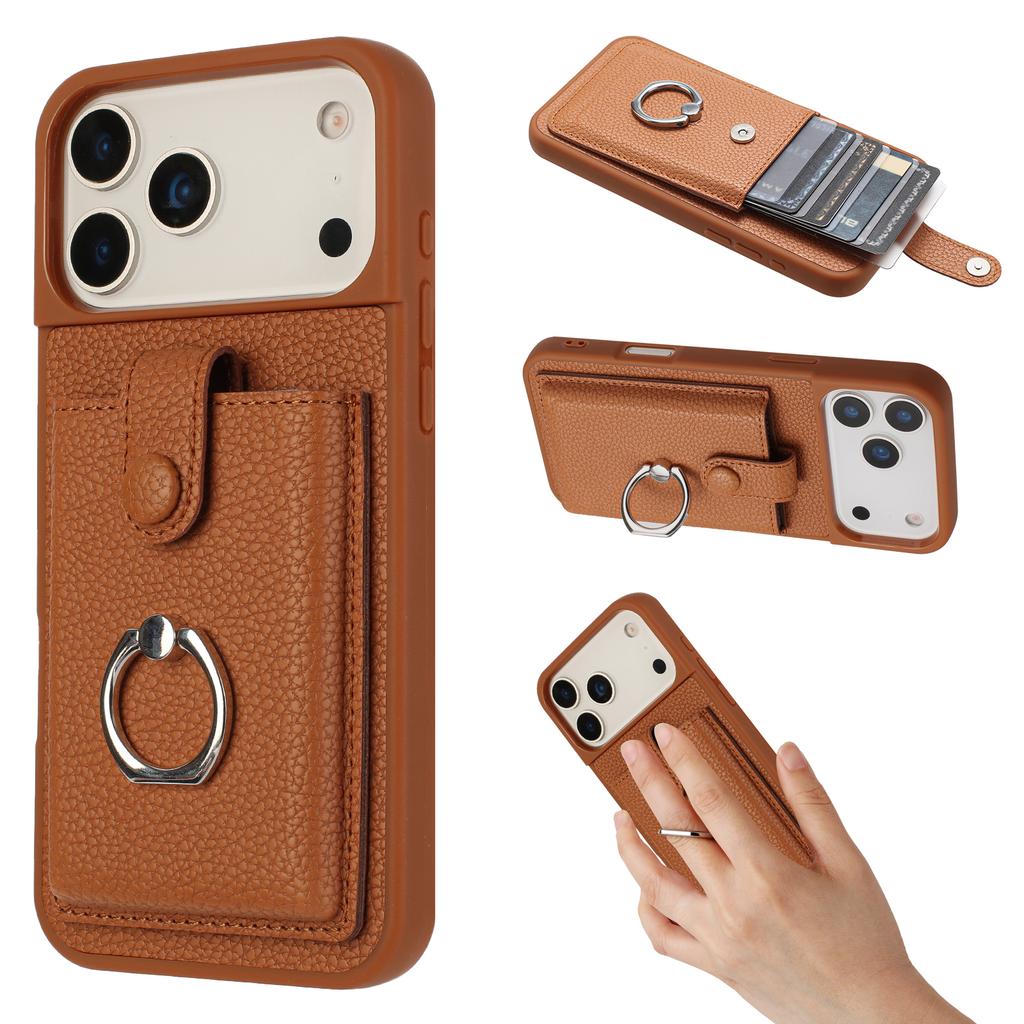 For iPhone 17 Pro Max Case with Ring Kickstand Drawing Type Card Slots Leather Back Cover