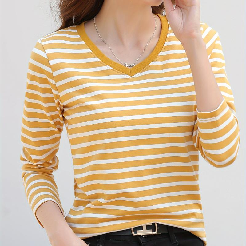 Striped V Neck T-shirt Casual Long Sleeve Top For Spring Fall Women's Clothing