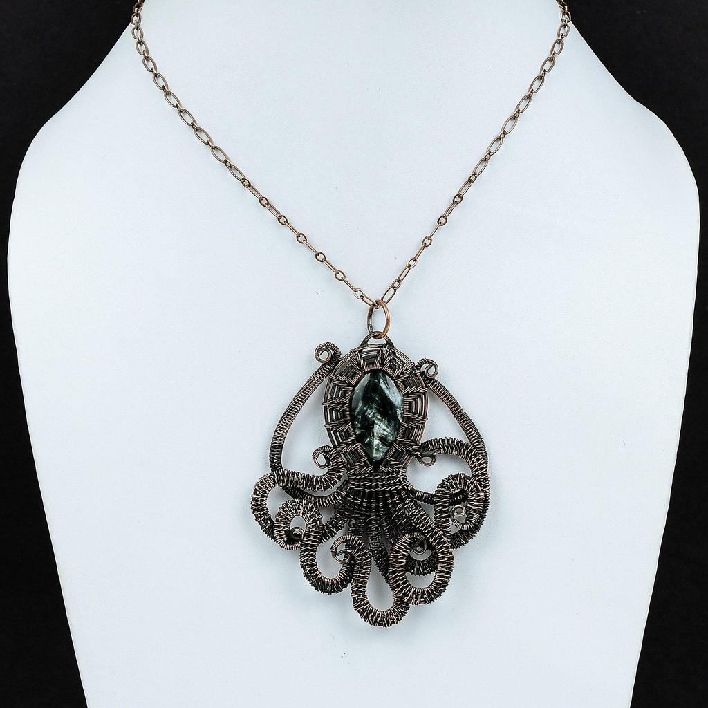 Подвеска Серафинит Подвеска, оплетенная медной проволокой Украшения из серафинита Подвеска с драгоценным камнем Украшения из меди ручной работы Подвеска Осьминог Подарок для женщин