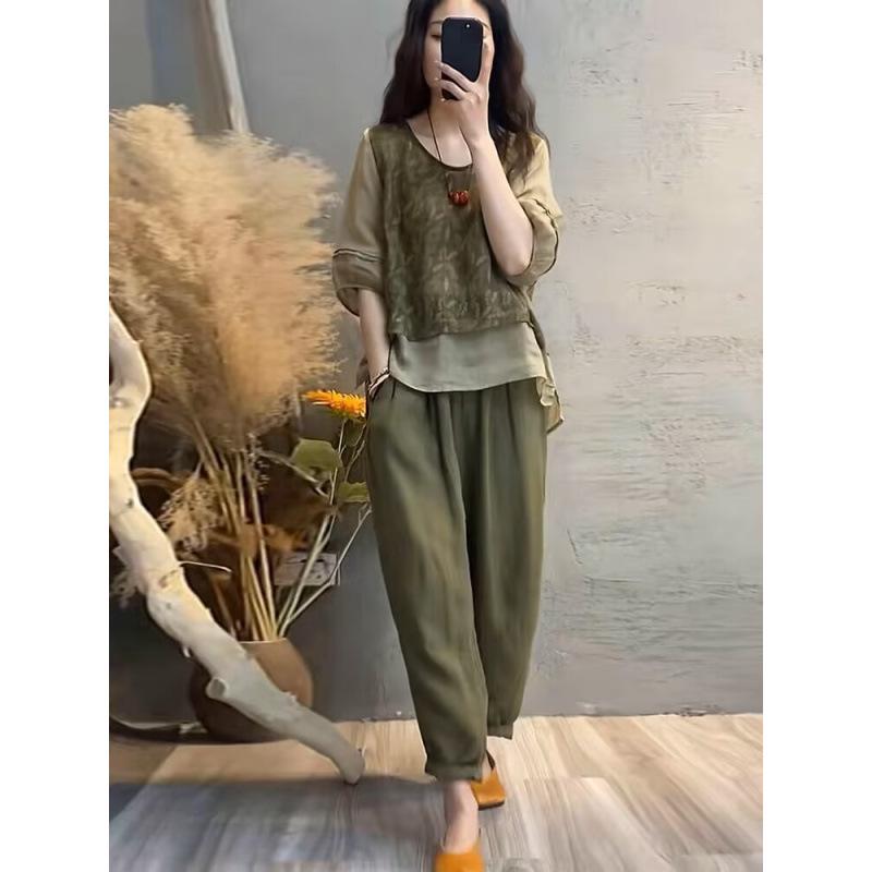 2023 Women's Summer Cotton & Linen Print Patchwork Harem Pants and Top Set