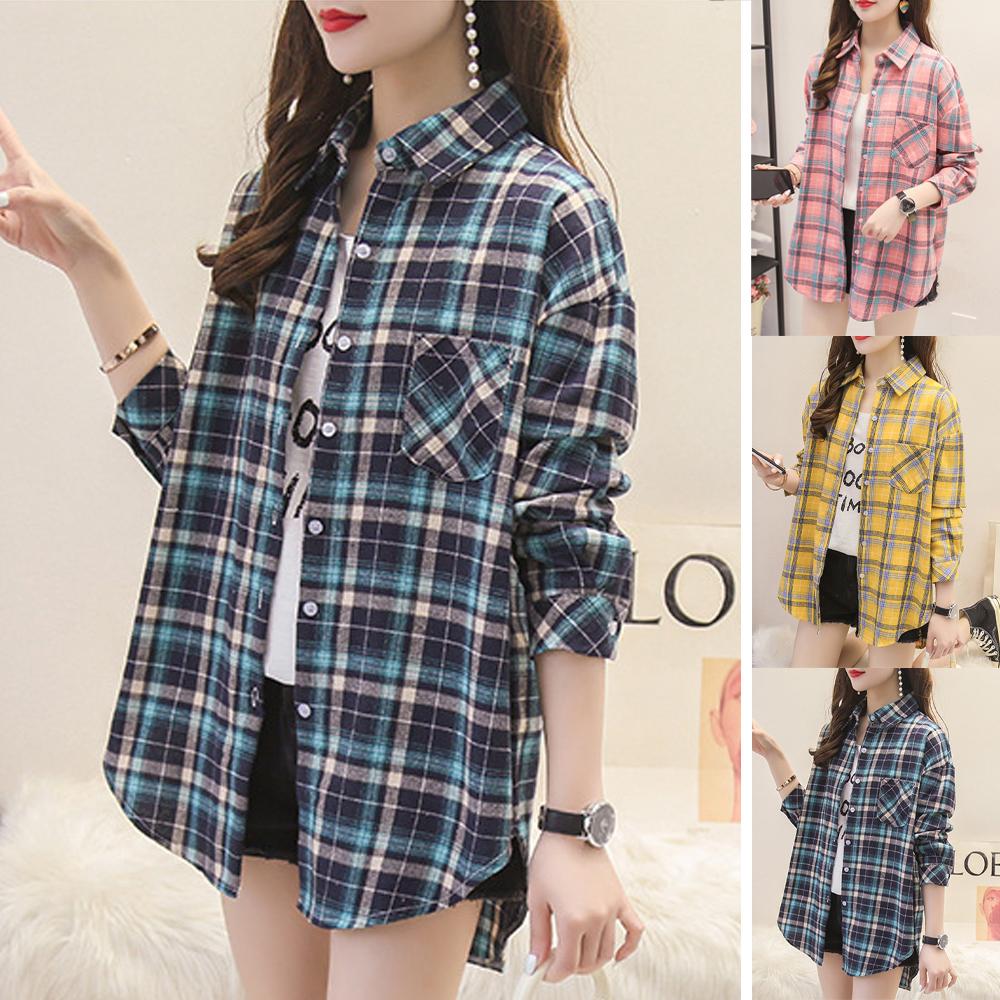 Lattice Print Blouse Women Long Sleeve Turn Down Collar Button T Shirts Tops