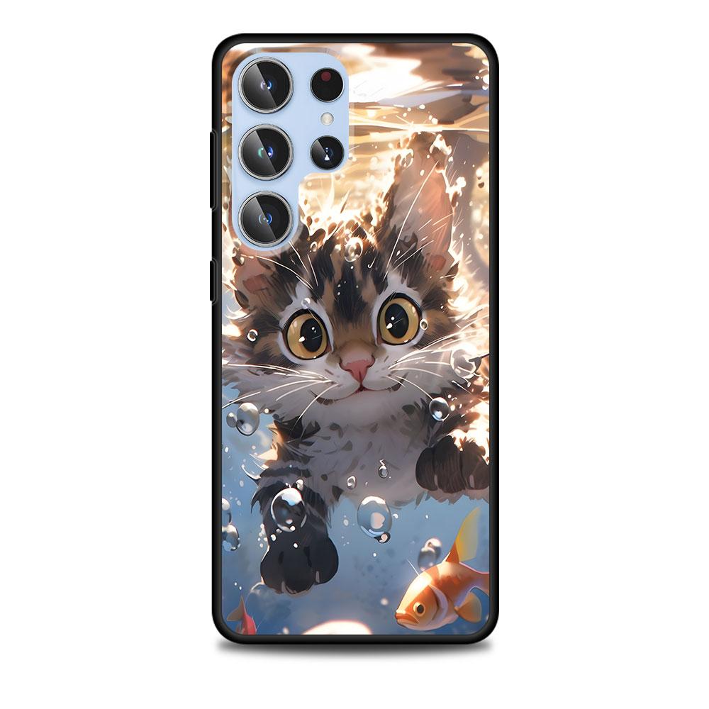 Cute Cat Cartoon Dog Case for Samsung Galaxy S23 S21 S20 FE S24 S22 Ultra S10 S10e S9 Plus Soft Black TPU Phone Cover Bumper