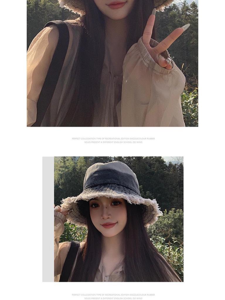 Женская ретро джинсовая шляпа-панама в японском стиле 2025 - Большая защита от солнца, Потертый дизайн, Летняя защита от солнца