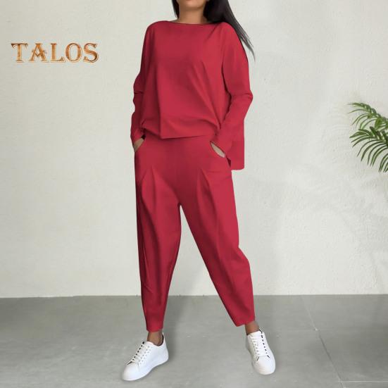 Комплект из 2 предметов: осенне-весенний женский топ, брюки, футболка с длинными рукавами и круглым вырезом, брюки с эластичной резинкой на талии и боковыми карманами, спортивный брючный костюм для поездок на работу