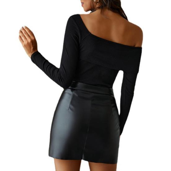 Women Mini Skirt High Tight Waist Faux Color Slim Leather Irregular Solid Fit Sheath A-line Smooth Soft Club OL Commute
