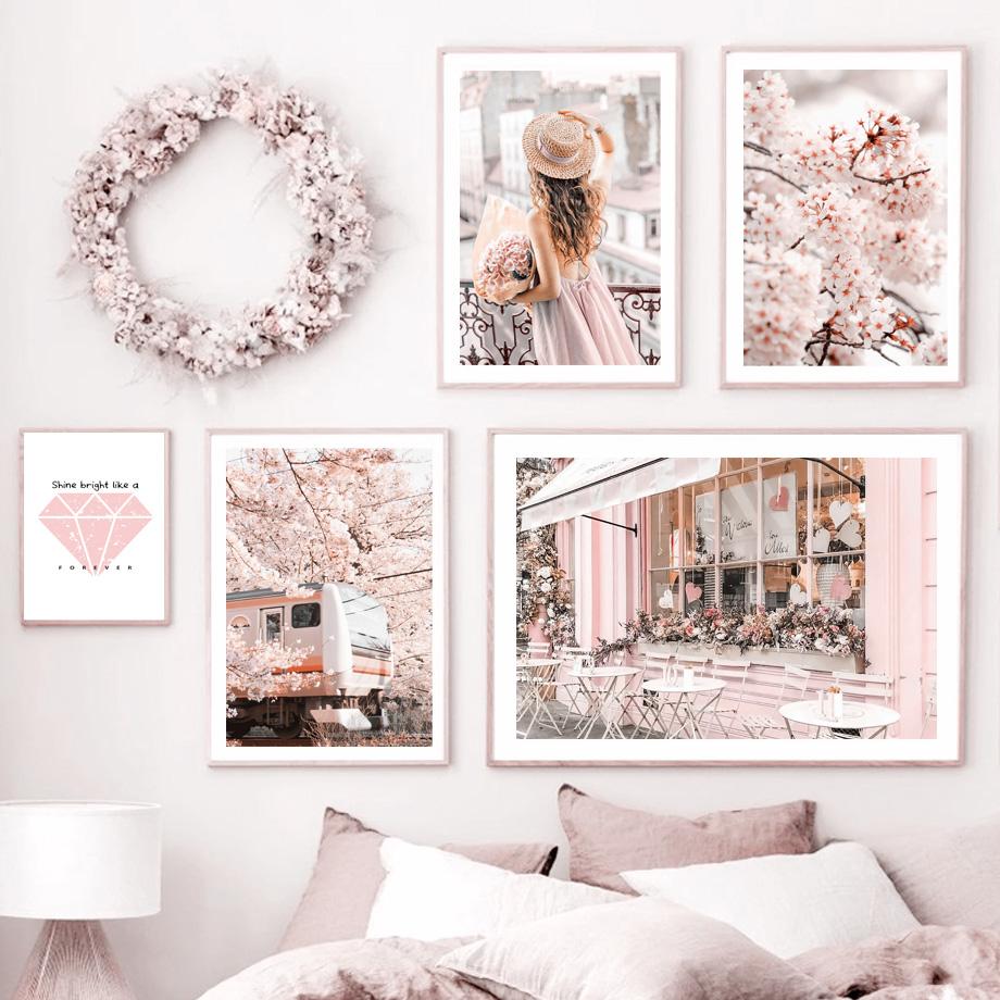 Pink Rose Girl Paris Streets Wall Art Canvas Painting Nordic Posters And Prints Wall Pictures For Living Room Decor Aesthetics