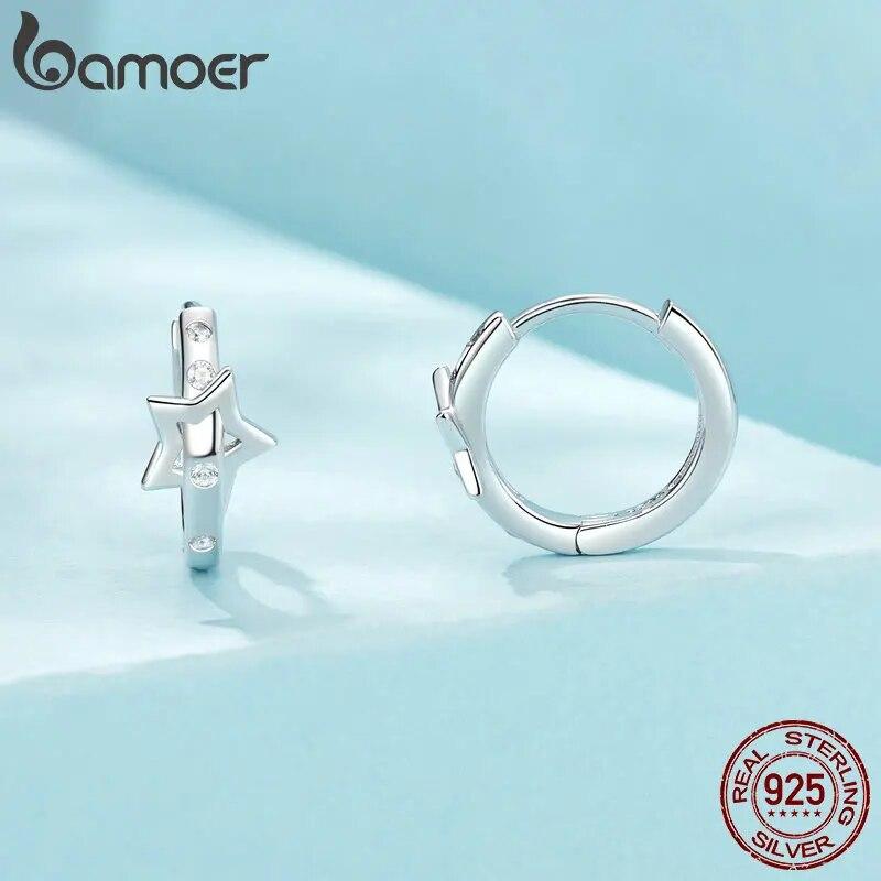 Серьги Huggie BAMOER с покрытием из белого золота, гипоаллергенные маленькие серьги-кольца из стерлингового серебра 925 пробы с фианитами и звездами для женщин