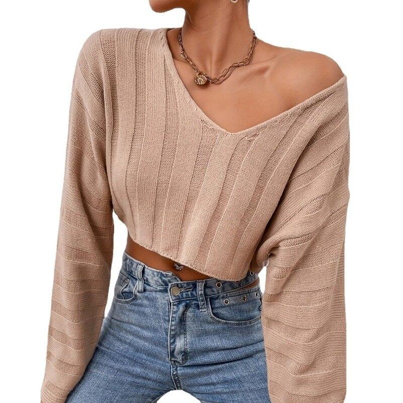 Осенние женские пуловеры с длинными рукавами, сексуальные короткие топы с v-образным вырезом, обнажающие талию, свитера, повседневная свободная однотонная трикотажная одежда 28489