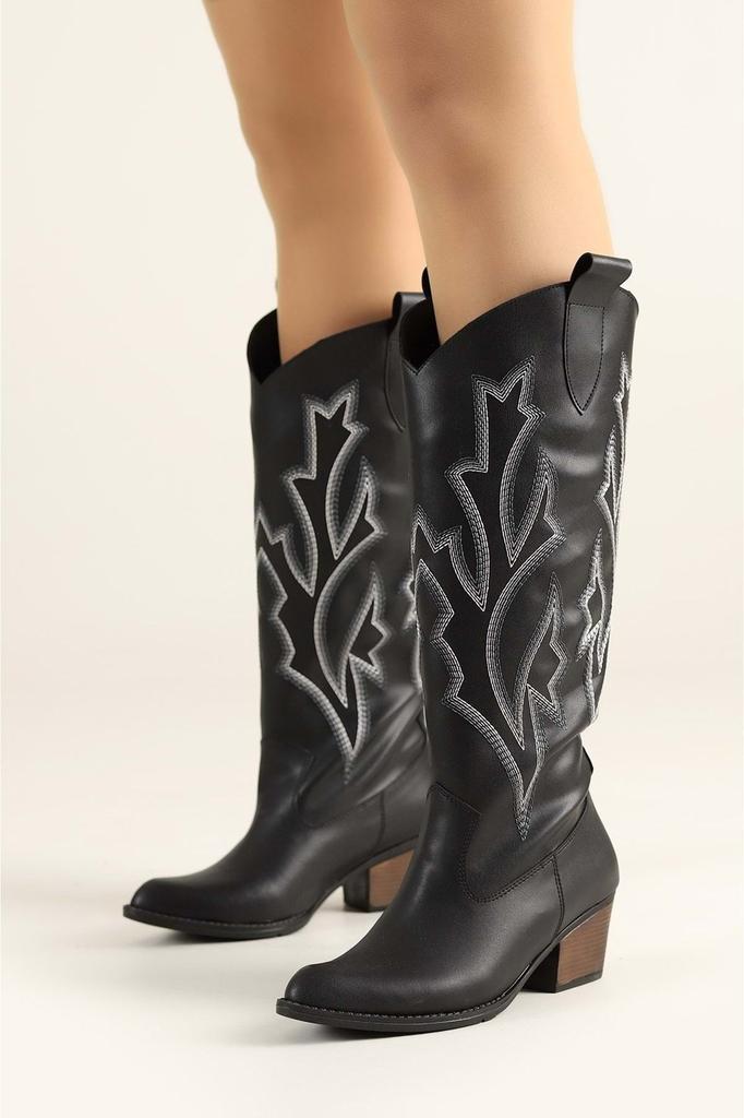 Женские современные стильные модные ботинки, азиатские длинные сапоги в стиле вестерн, ковбойские сапоги, черные