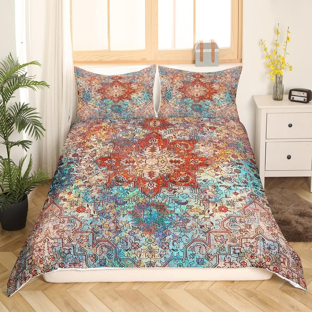 Ethnic Bright Floral Duvet Cover Queen King Size Boho Botanical Bedding Set Geometric Abstract Quilt Cover Bedroom Decor 3 Pcs