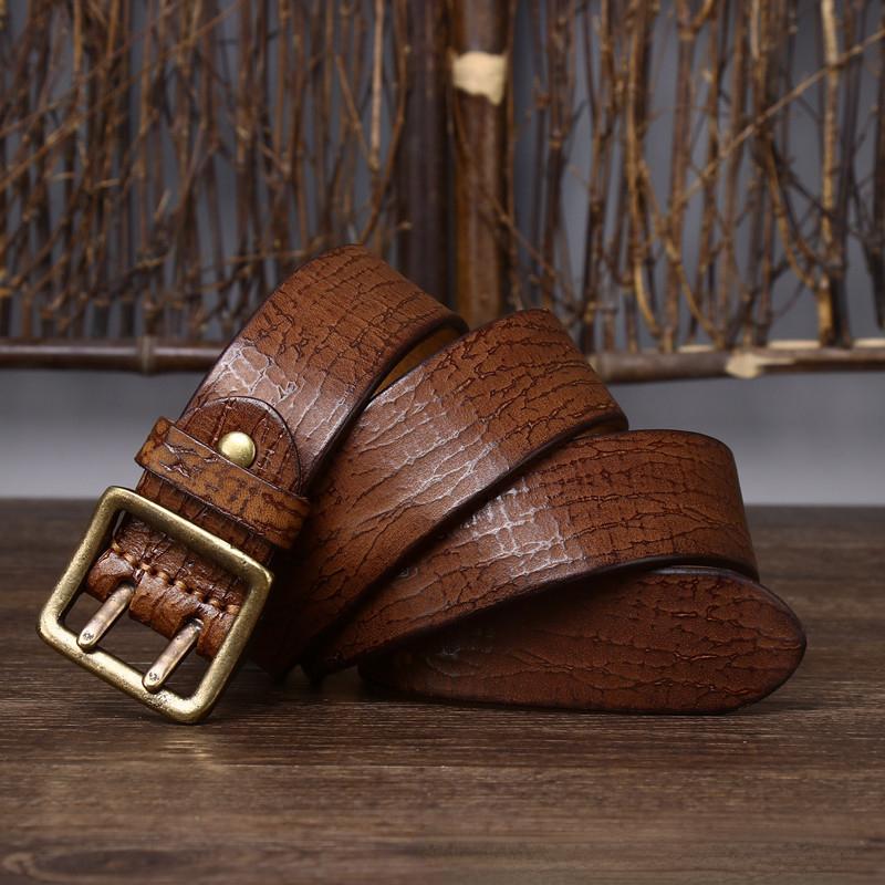 Ремень мужской в ​​корейском стиле, ретро, ​​потертый, модный, уникальный, с двойной иглой, латунная пряжка, натуральная кожа, джинсовый ремень из натуральной яловой кожи