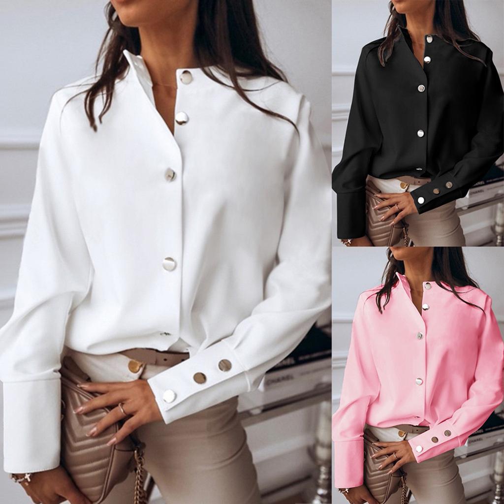 Women's Loose Fashion Shirts Solid Color Band Collar Long Sleeve Shirts Slim Tops
