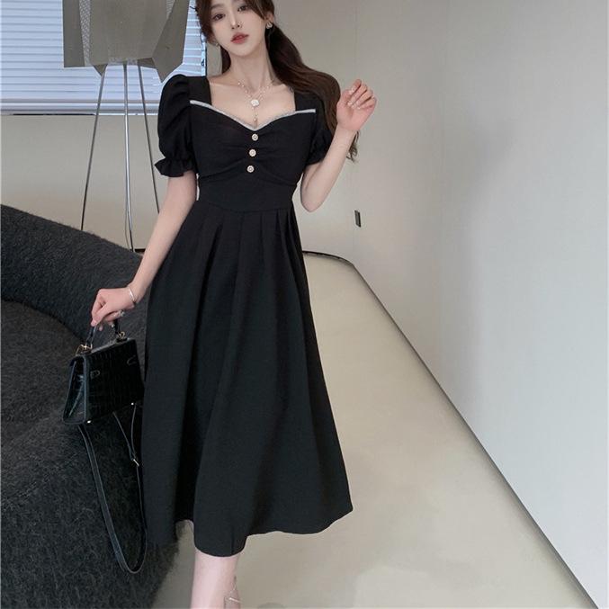 Платье А-силуэта в стиле богини: Женская летняя юбка средней длины с корейским квадратным воротником и пуговицами