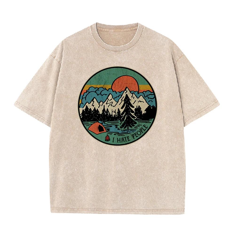 2026 Vintage Round Mountain Camping Tent Sunset Graphic Beige Washed T Shirt Retro Outdoor Forest Funny Slogan Oversized Unisex