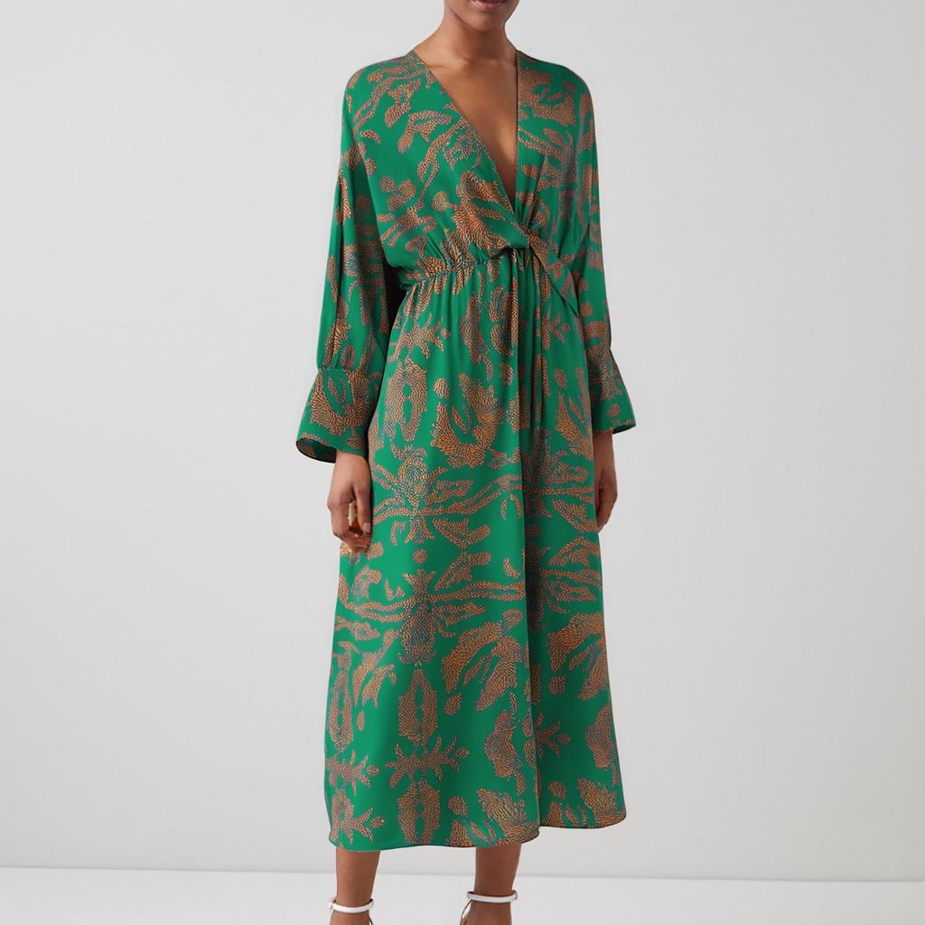 Ladies' Loose Comfortable Fashionable Casual Floral Print Long Sleeved Long Dress V-neck Dress