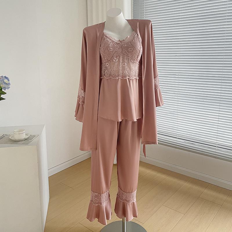 Весенние и осенние пижамы из трех частей, сексуальная кружевная домашняя одежда, повседневные атласные пижамы, женское нижнее белье, домашняя одежда