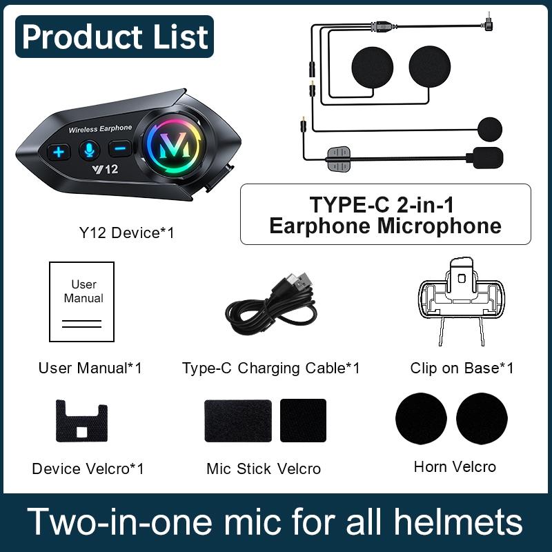 Y12 500M Two Rider Wireless Bluetooth 5.4 Motorcycle Helmet Headphone IPX6 Waterproof 800mAh Noise Canceling RGB Color FM Radio Headset